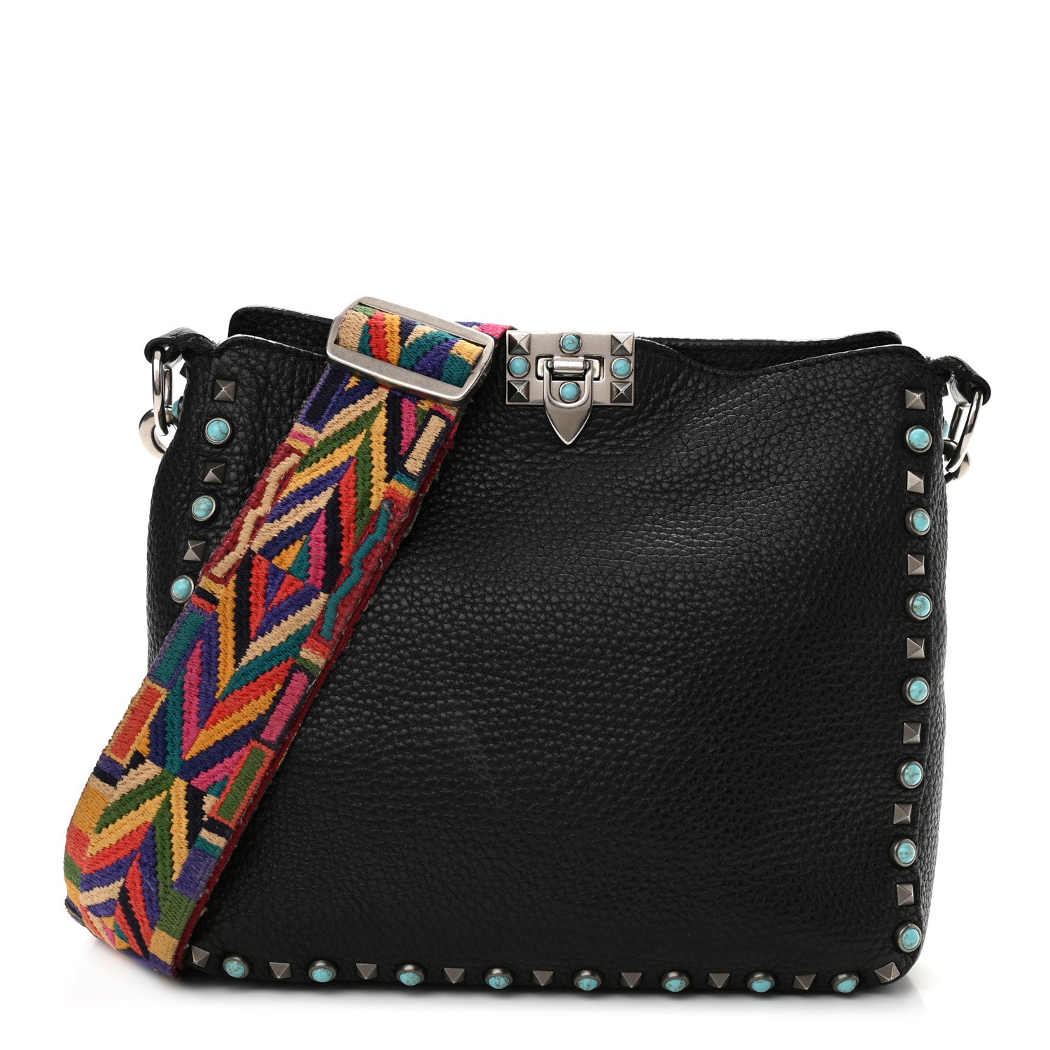 Valentino Garavani Pebbled Calfskin Tribal Small Guitar Strap Rockstud Rolling Flip-Lock Messenger Bag Black 1 of 18