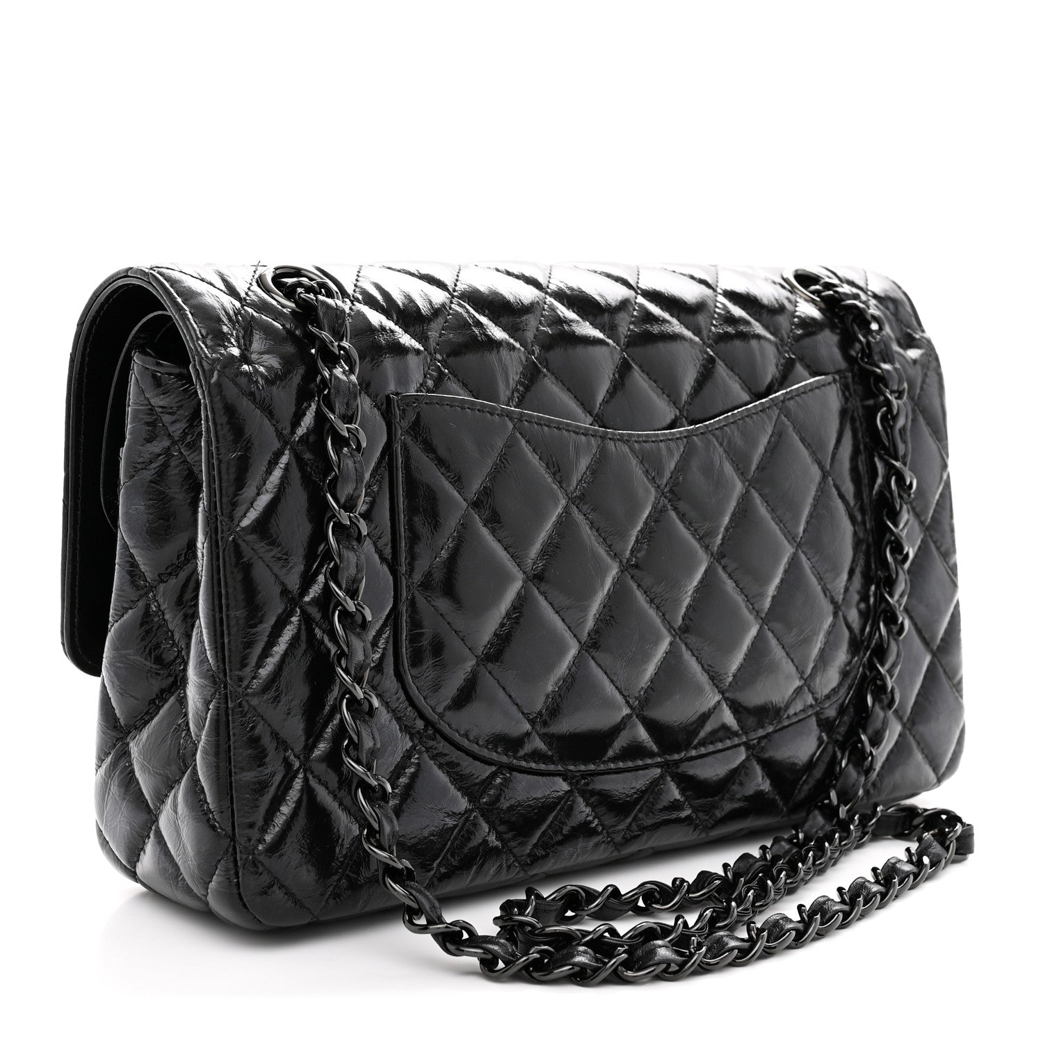 Chanel Shiny Crumpled Calfskin Quilted Medium Double Flap So Black