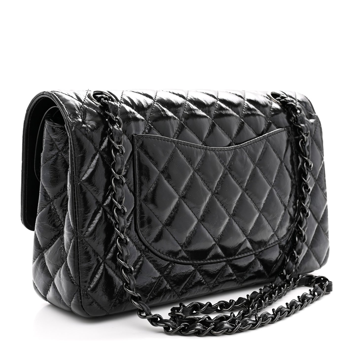 Shiny Crumpled Calfskin Quilted Medium Double Flap So Black