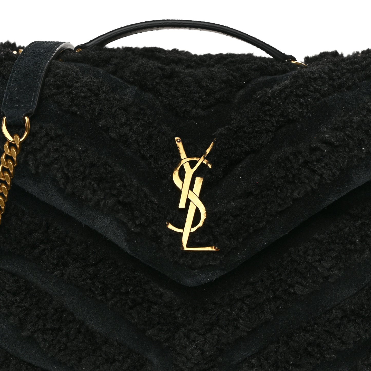 Suede Shearling Y Quilted Monogram Small Loulou Chain Satchel Black