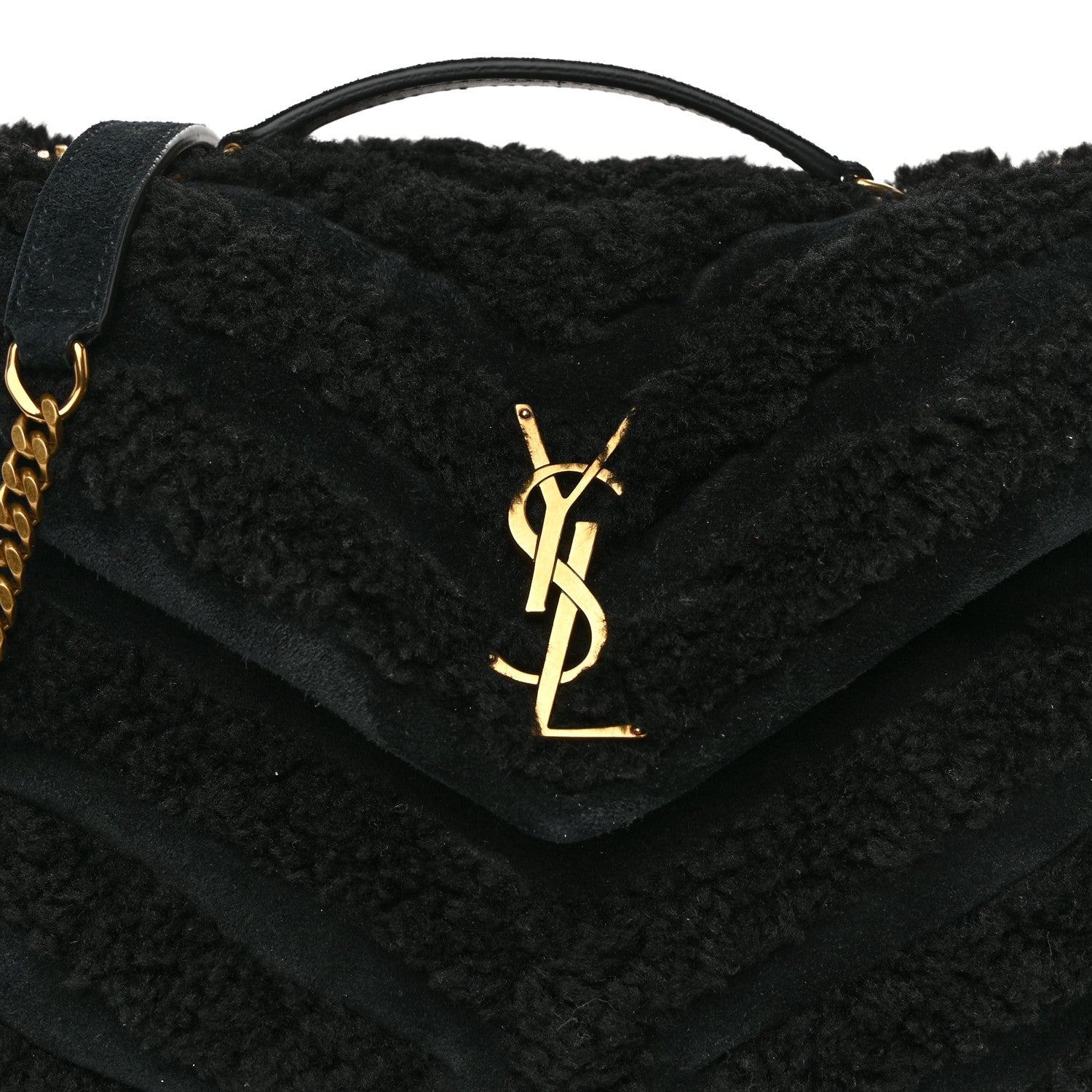 Saint Laurent Suede Shearling Y Quilted Monogram Small Loulou Chain Satchel Black 9 of 11