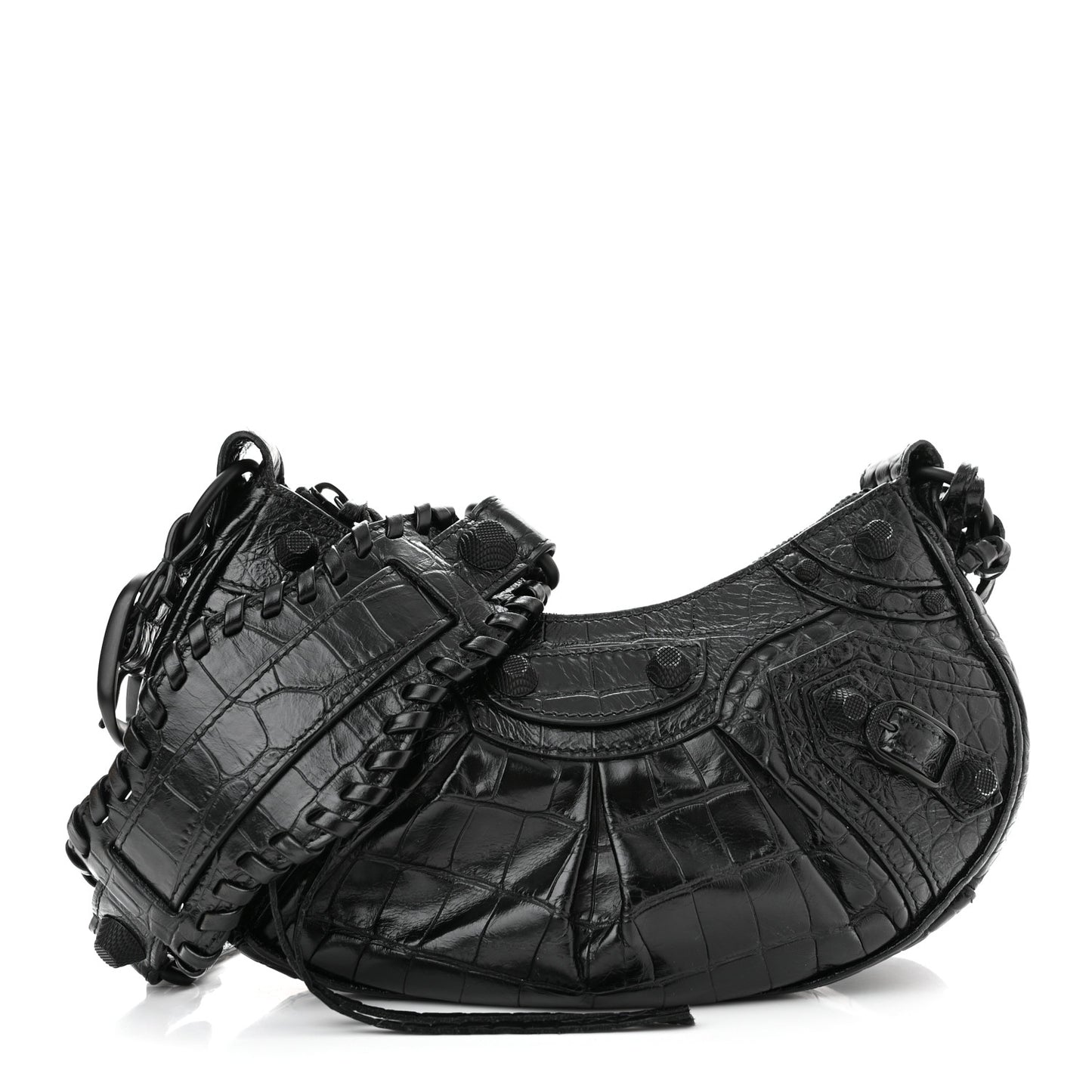 Extra Supple Calfskin Crocodile Embossed Monochrome Le Cagole Shoulder Bag XS Black