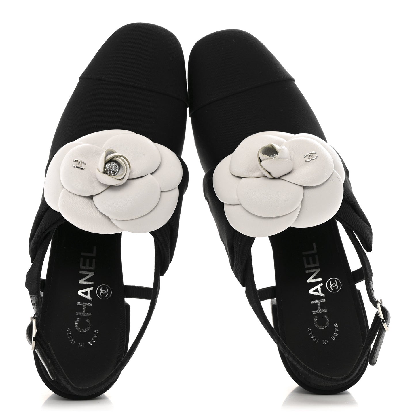 Grosgrain Lambskin Cap Toe Camellia Bow Slingback Pumps 37.5 Black