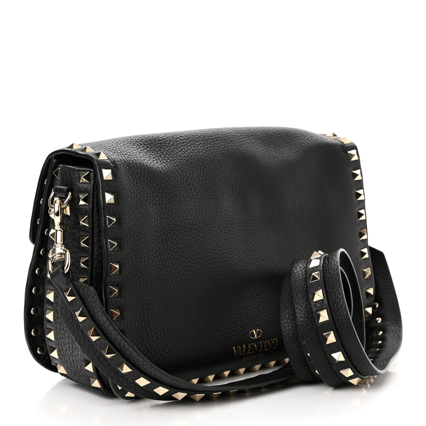 Pebbled Calfskin Medium Rockstud Flap Saddle Bag Black