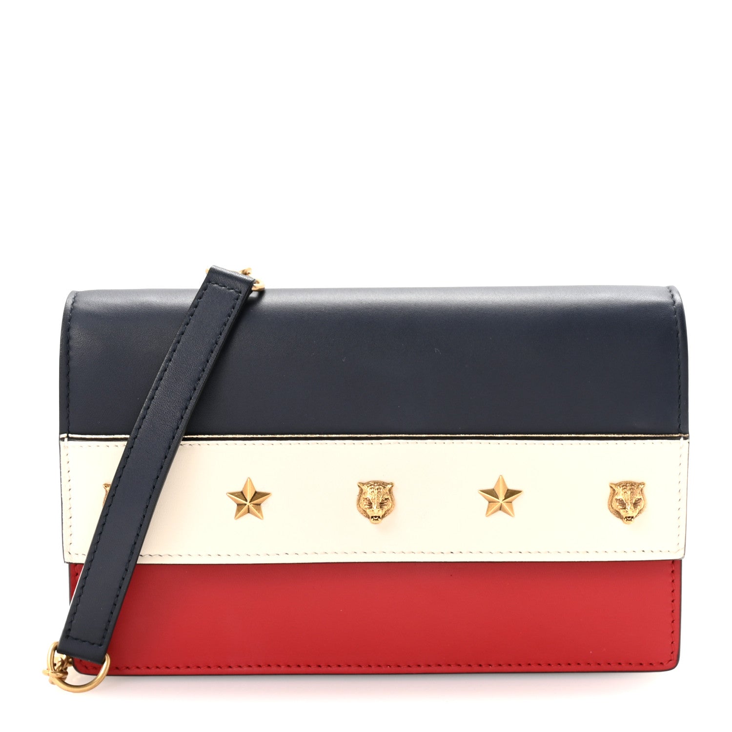 Gucci Calfskin Tiger Studded Chain Wallet Blue Agata Hibiscus Red Mystic White 1 of 9