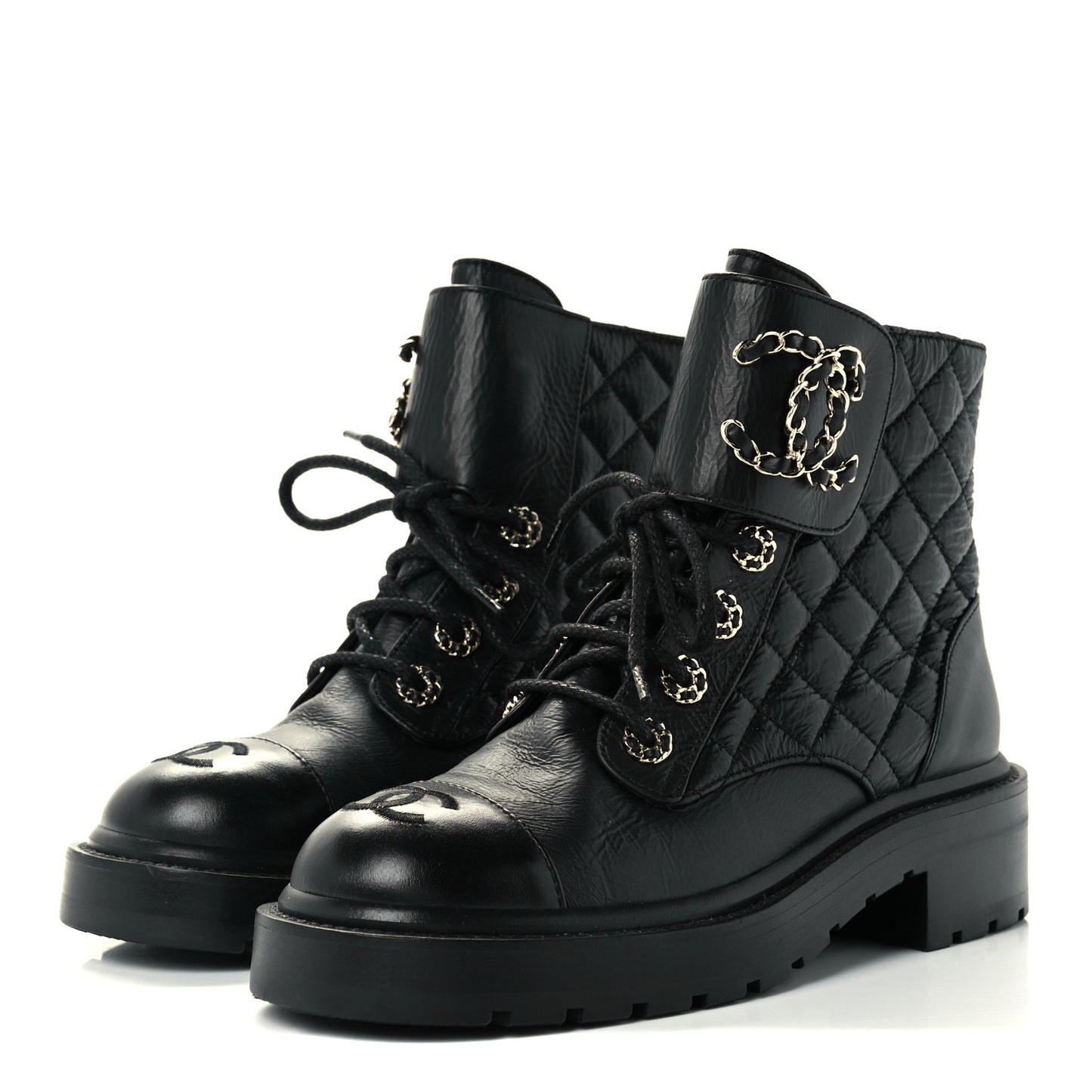 Lambskin Calfskin Quilted Lace Up Combat Boots 35.5 Black