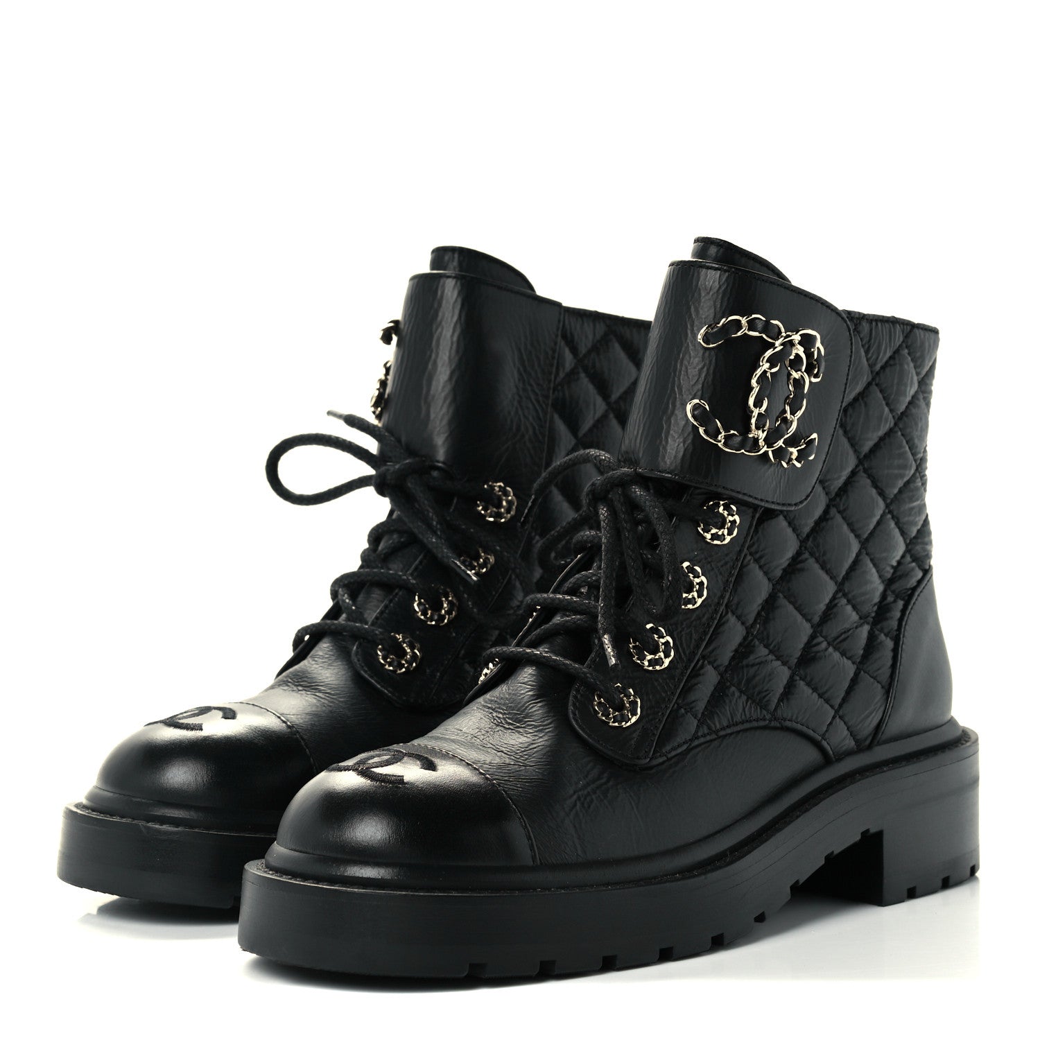 Chanel Lambskin Calfskin Quilted Lace Up Combat Boots 35.5 Black 3 of 13
