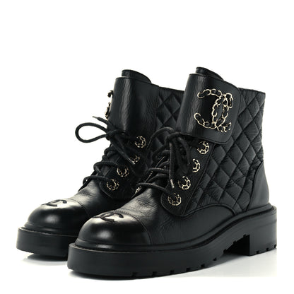 Chanel Lambskin Calfskin Quilted Lace Up Combat Boots 35.5 Black 3 of 13
