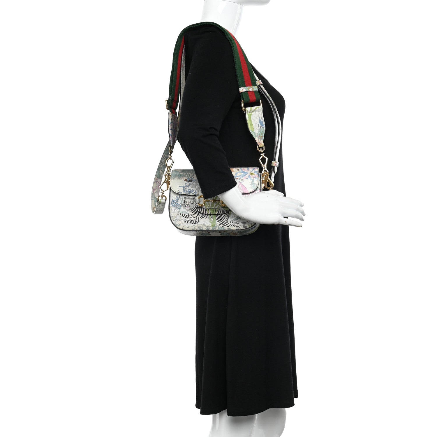 Gucci New Shangai Calfskin Tiger Savanah Web Mini Horsebit 1955 Shoulder Bag Chalky White Multicolor 2 of 10