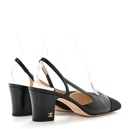 Chanel Goatskin Grosgrain Cap Toe CC Slingback Sandals 36 Black 4 of 9