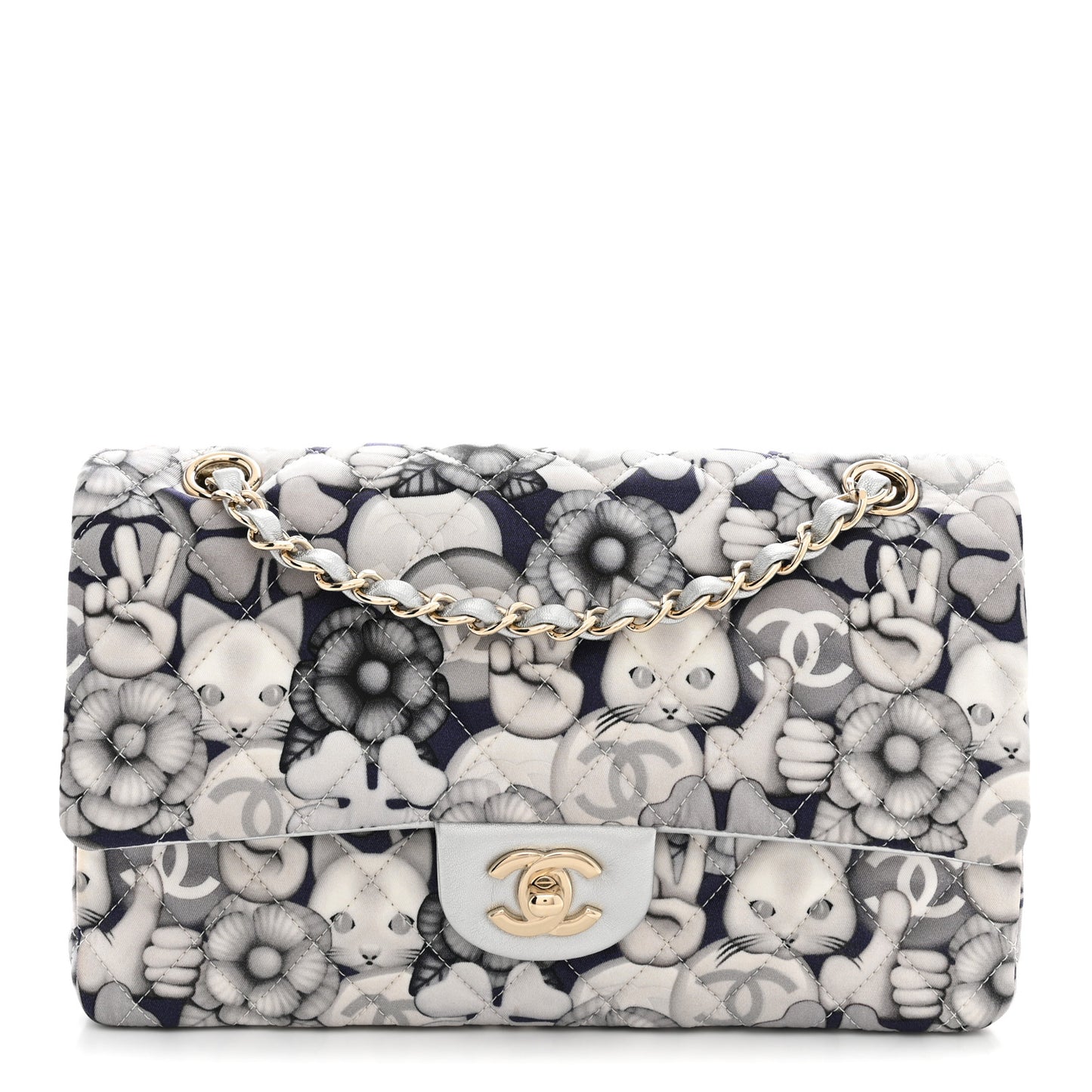Nylon Quilted Medium Cat Emoticon Double Flap Navy Grey Ecru Navy Grey Ecru