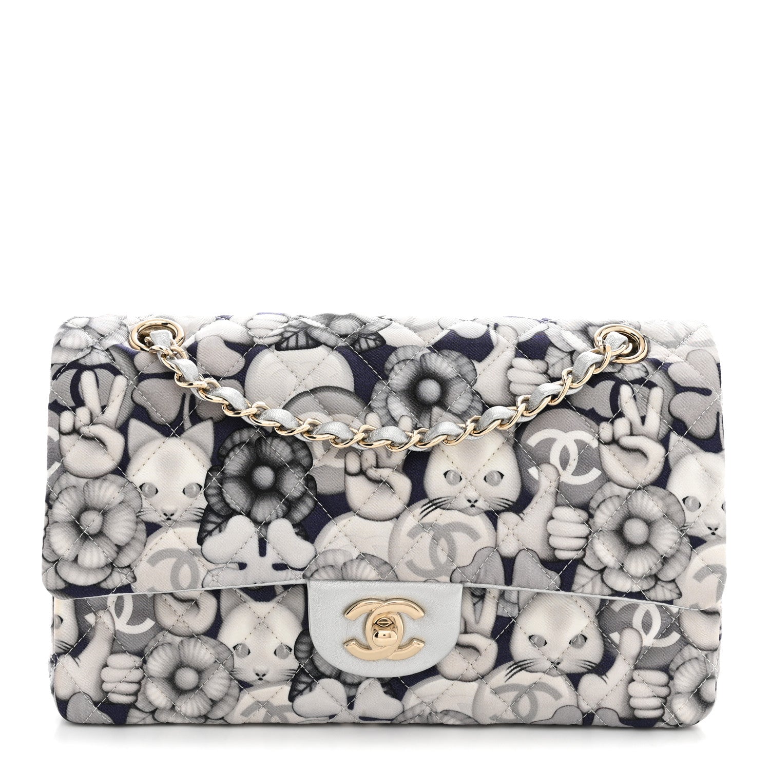 Chanel Nylon Quilted Medium Cat Emoticon Double Flap Navy Grey Ecru Navy Grey Ecru 1 of 10