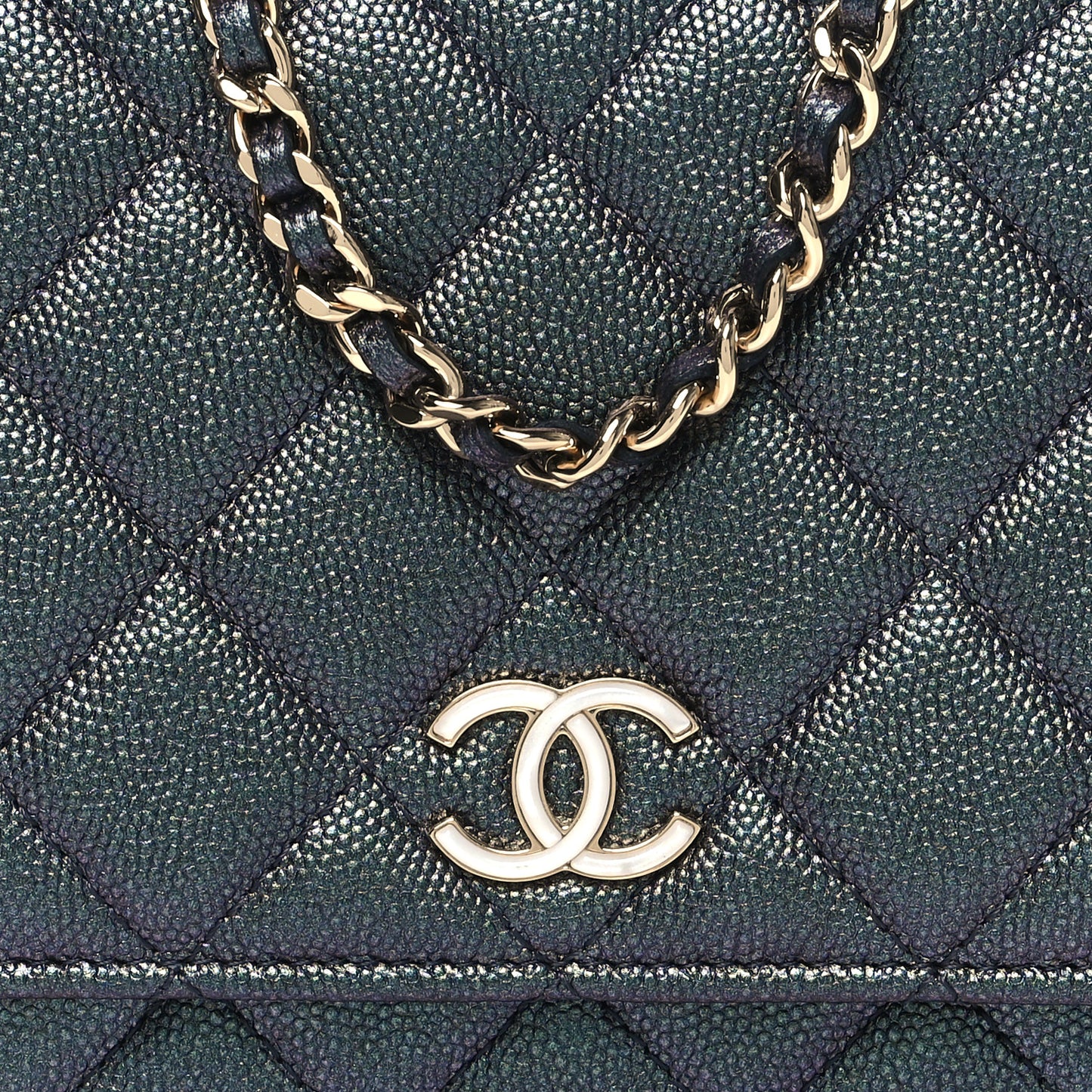 Iridescent Caviar Quilted Wallet on Chain WOC Dark Blue
