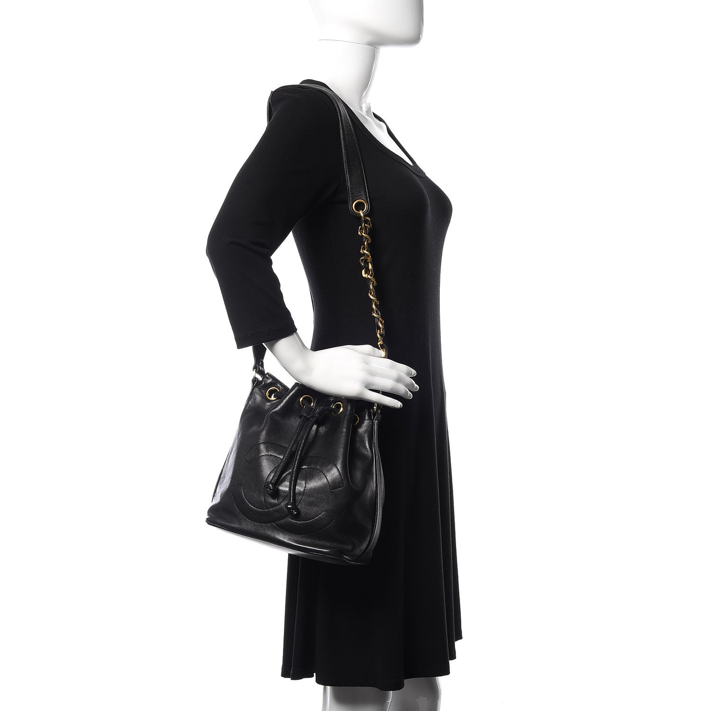 Lambskin CC Stitched Drawstring Bucket Bag Black
