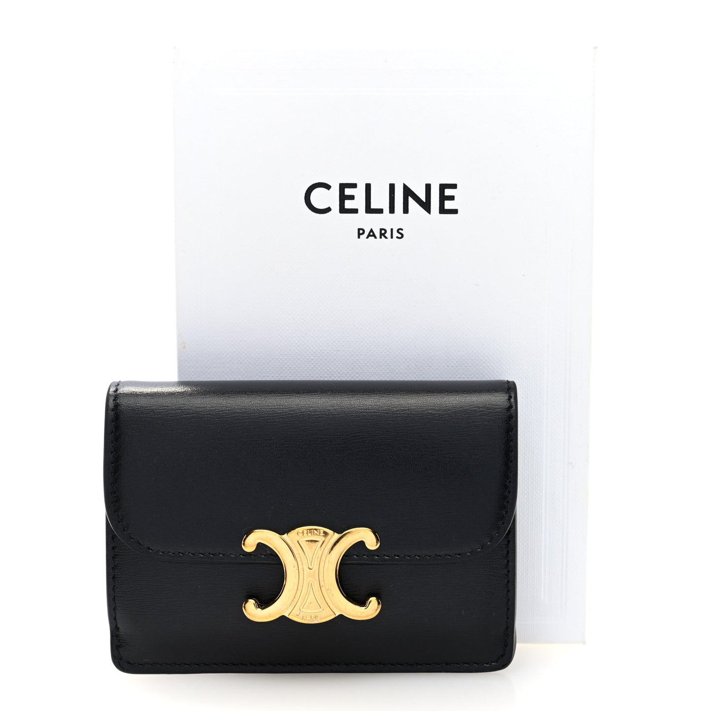 Shiny Calfskin Triomphe Flap Card Holder Black