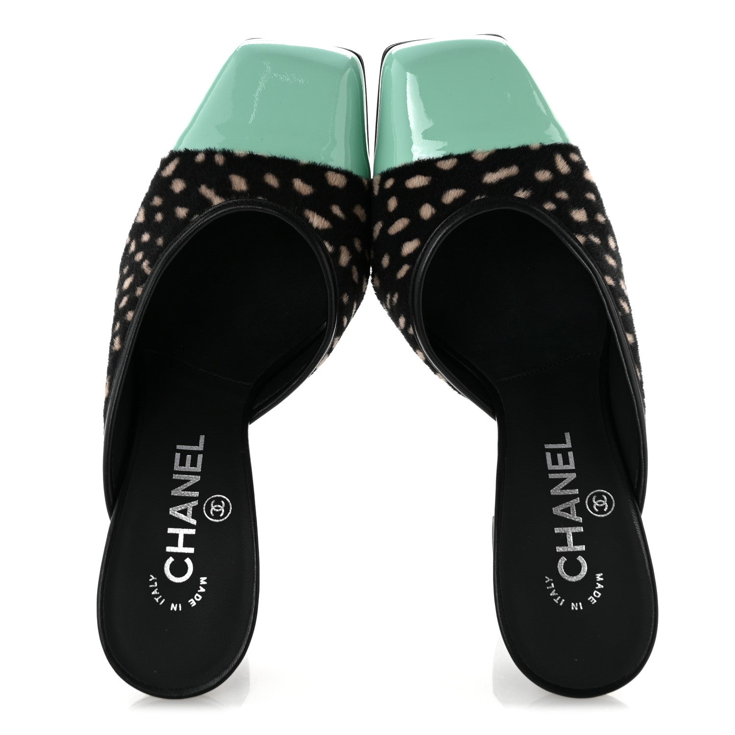 Chanel Pony Hair Lambskin Patent Cap Toe Mules 37 Black White Green 2 of 10