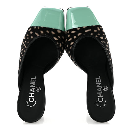 Chanel Pony Hair Lambskin Patent Cap Toe Mules 37 Black White Green 2 of 10