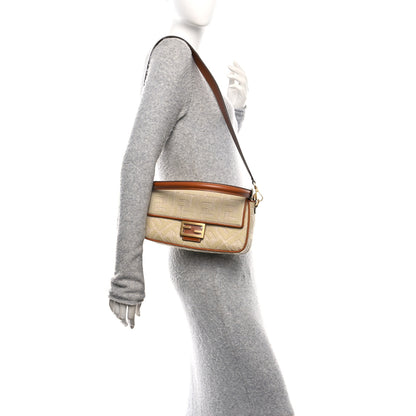 Fendi Raffia Vitello King Lucido FF Embroidered Baguette Alchemy Brandy 2 of 11