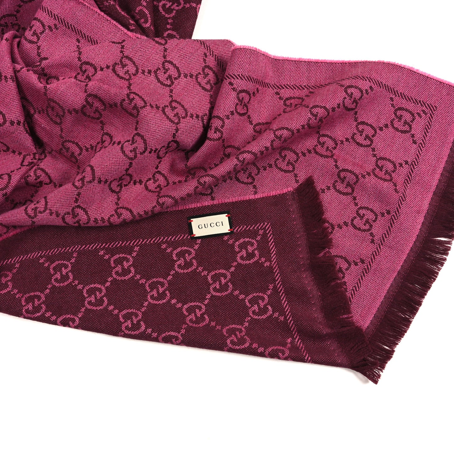 Wool Jacquard GG Monogram Sten Fringe Scarf Magenta Bordeaux