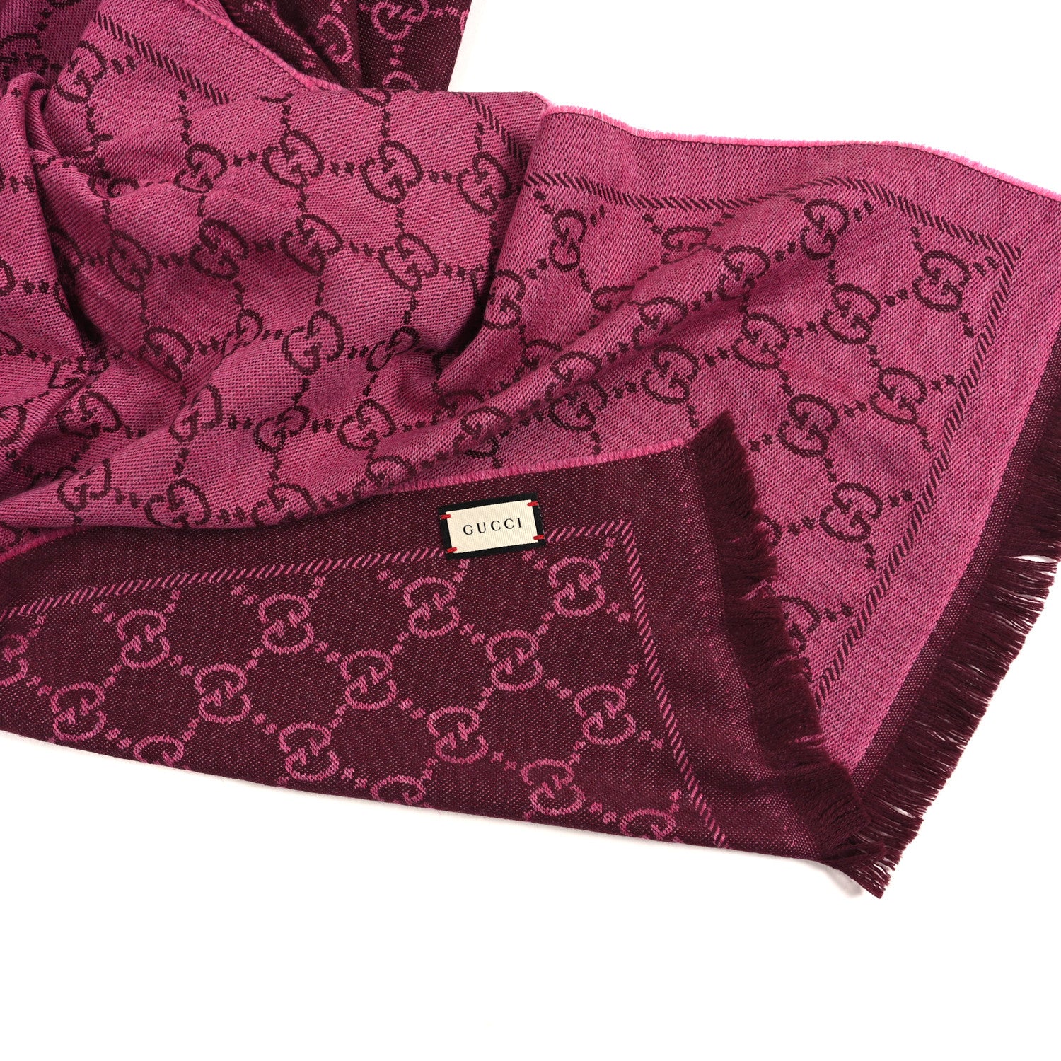 Gucci Wool Jacquard GG Monogram Sten Fringe Scarf Magenta Bordeaux 3 of 3