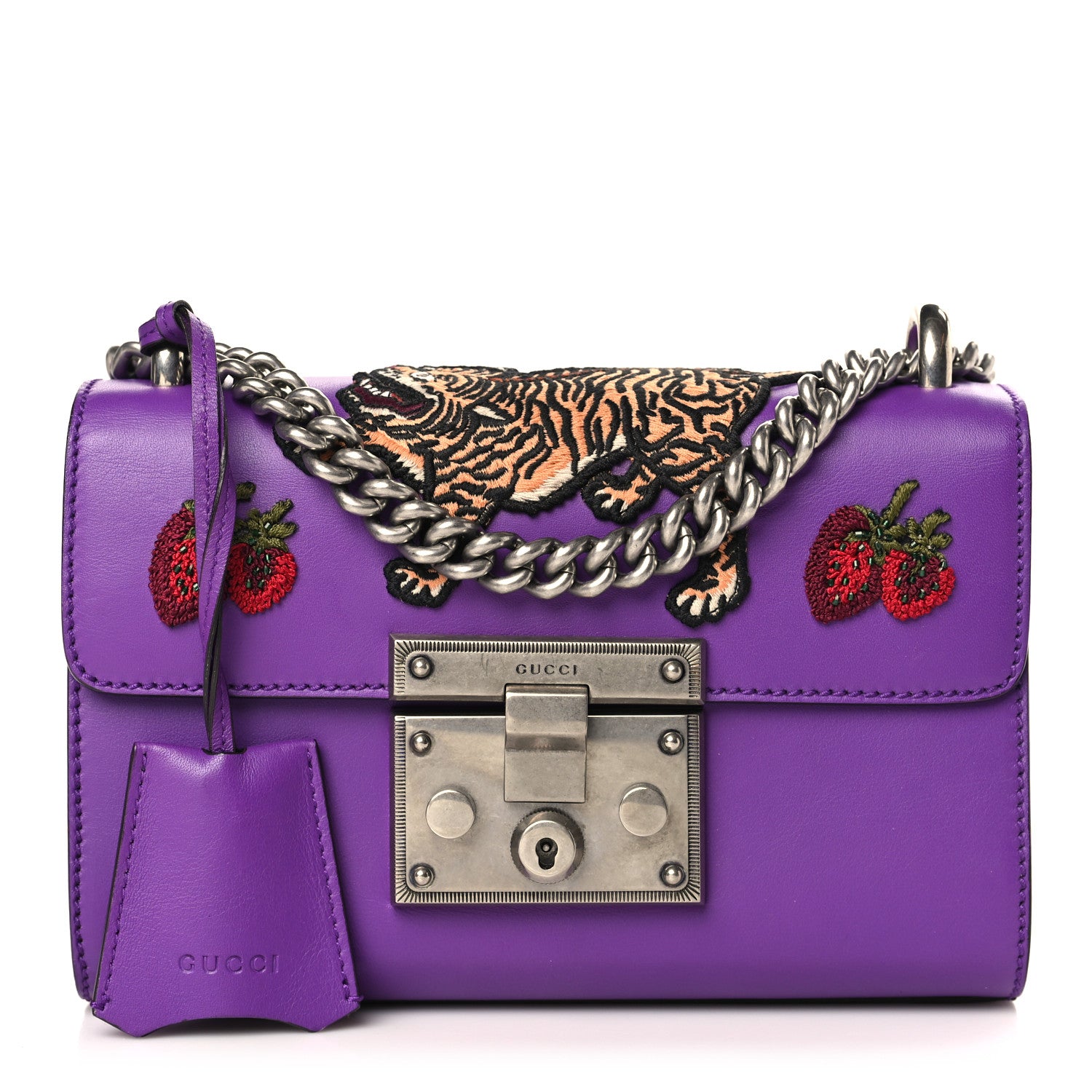 Gucci Calfskin Embroidered Tiger Strawberry Small Padlock Shoulder Bag Purple 1 of 9