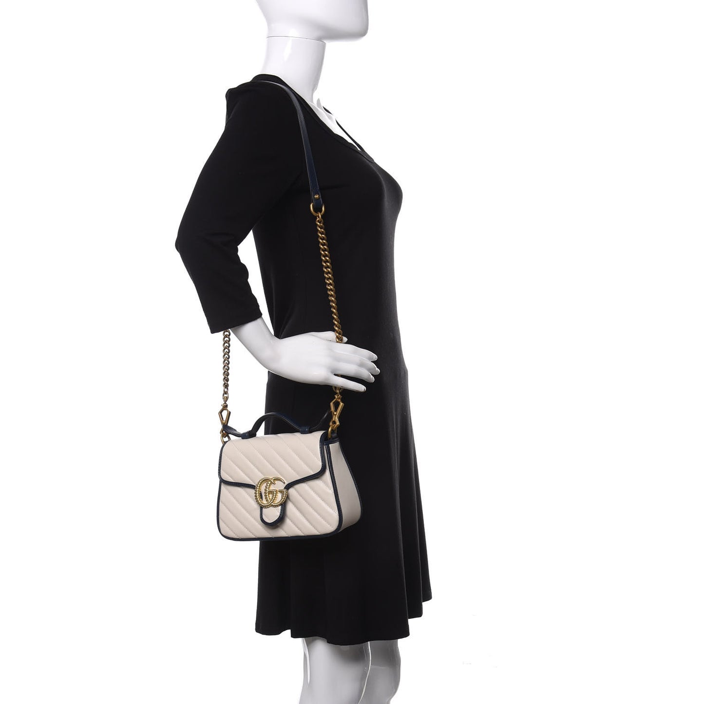 Vintage Effect Calfskin Matelasse Diagonal Mini Torchon GG Marmont Top Handle Shoulder Bag Mystic White Blue Agata