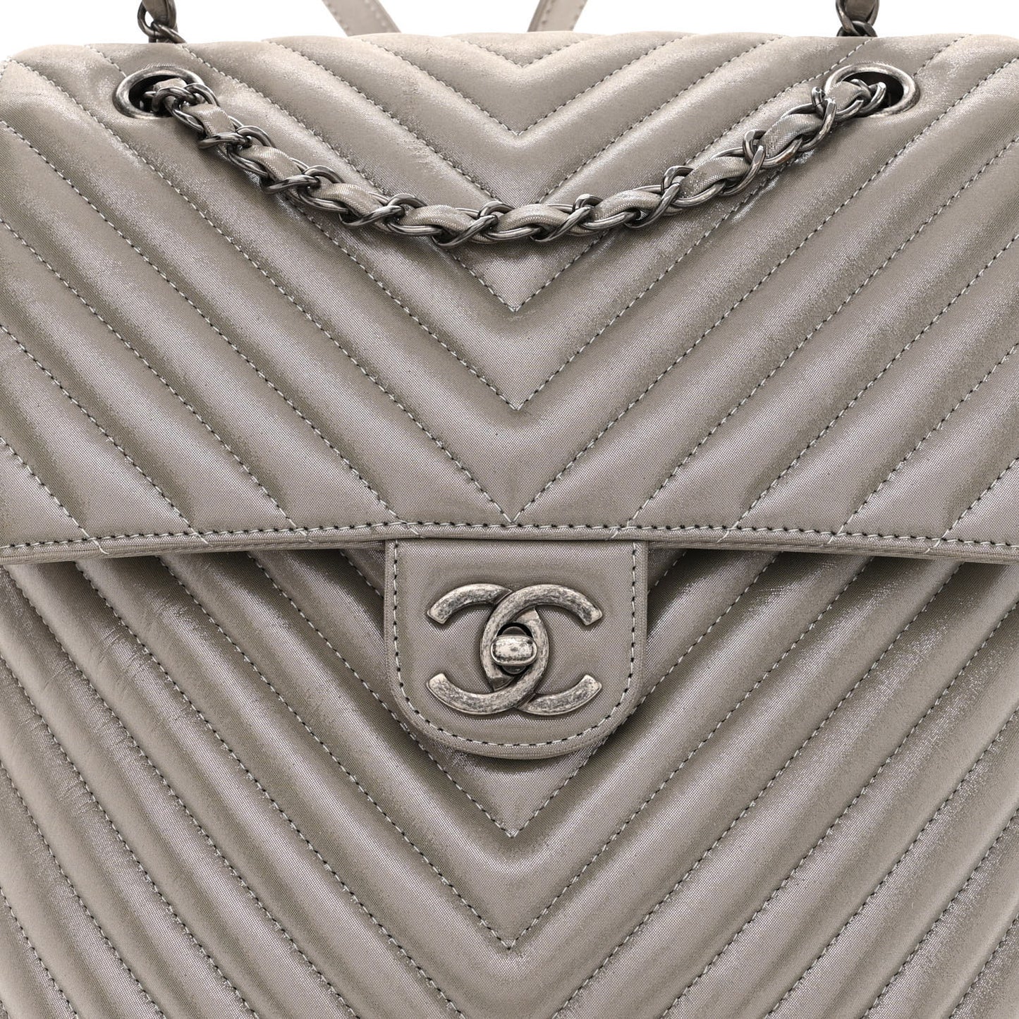 Iridescent Calfskin Chevron Quilted Small Urban Spirit Backpack Silver