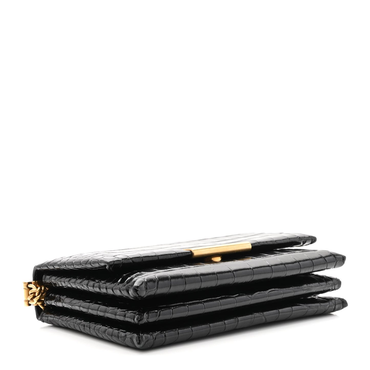 Shiny Extra Supple Calfskin Crocodile Embossed Small Triplet Bag Black