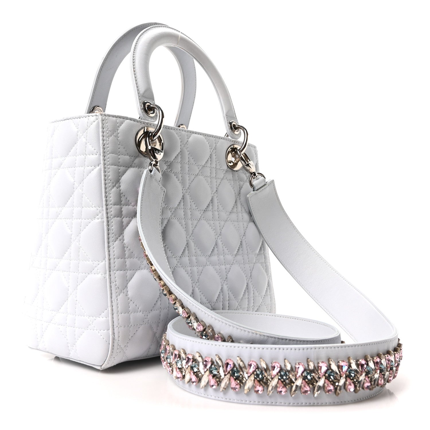Christian Dior Lambskin Cannage Medium Lady Dior Crystal Strap Light Blue 3 of 10