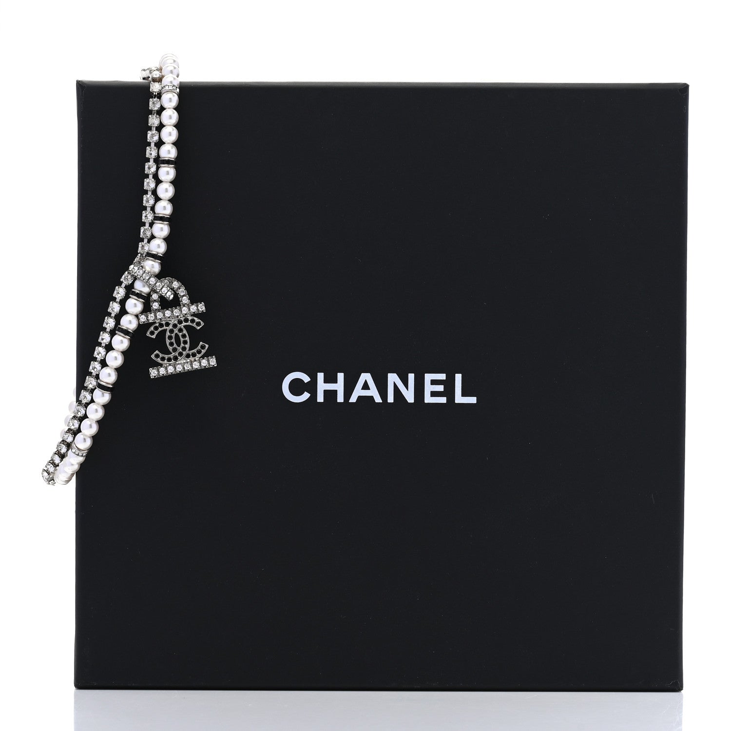 Chanel Pearl Crystal CC Choker Necklace Silver White Black 6 of 6