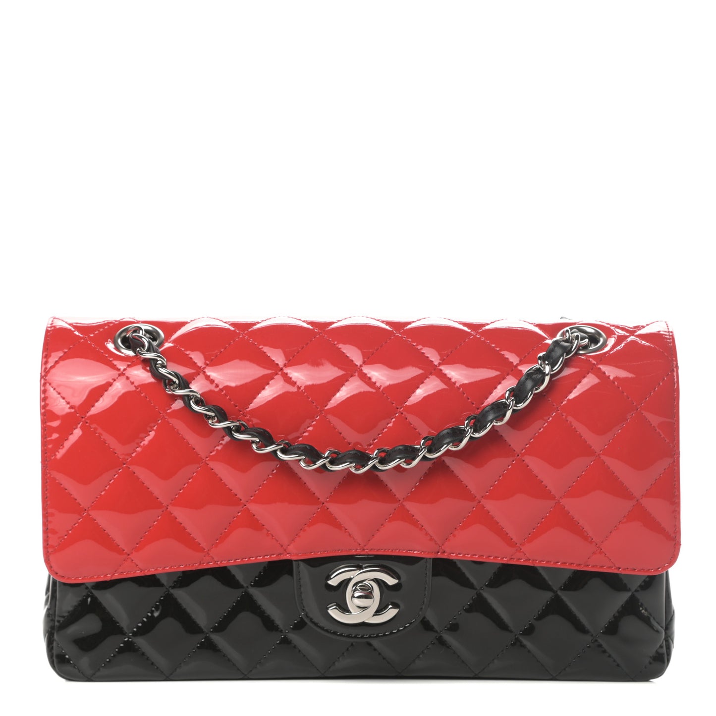 Patent Calfskin Quilted Bi-Color Medium Double Flap Red Black