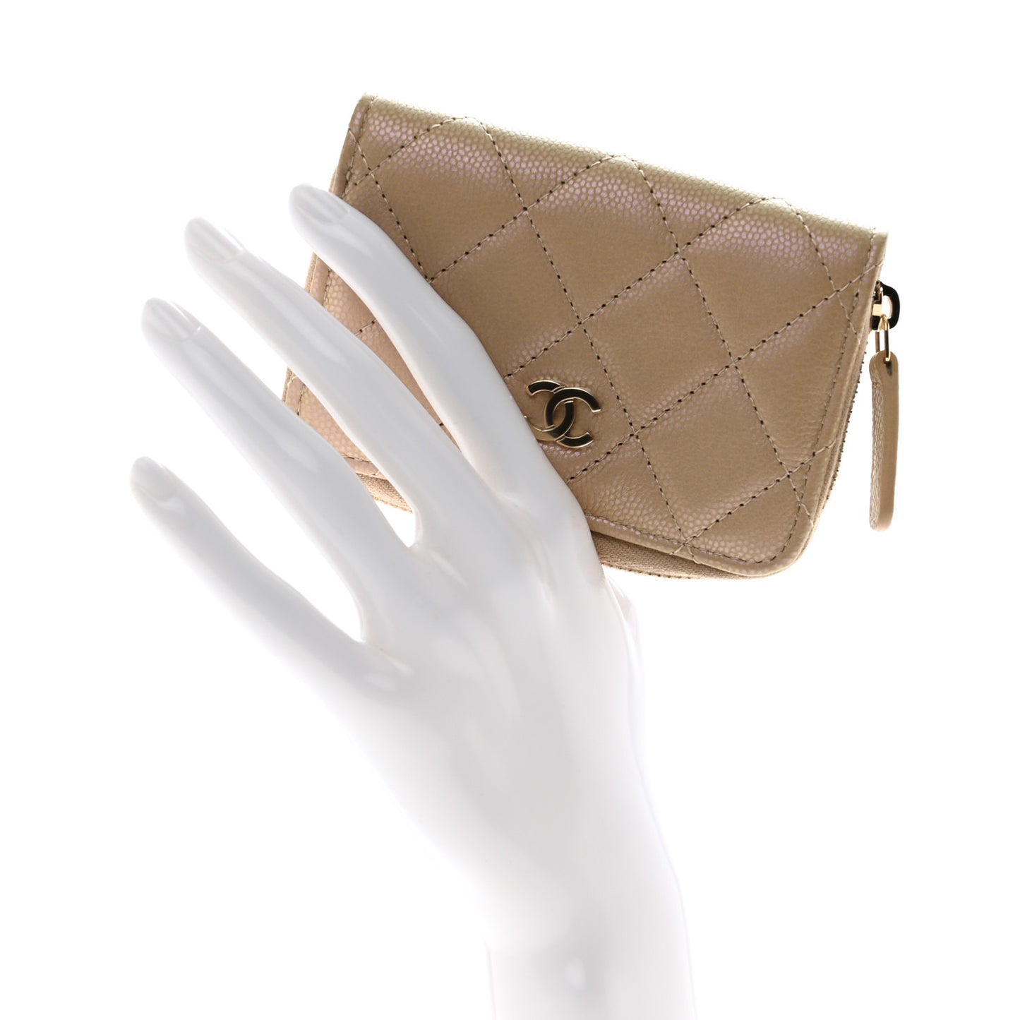 Iridescent Caviar Quilted Zip Around Coin Purse Beige