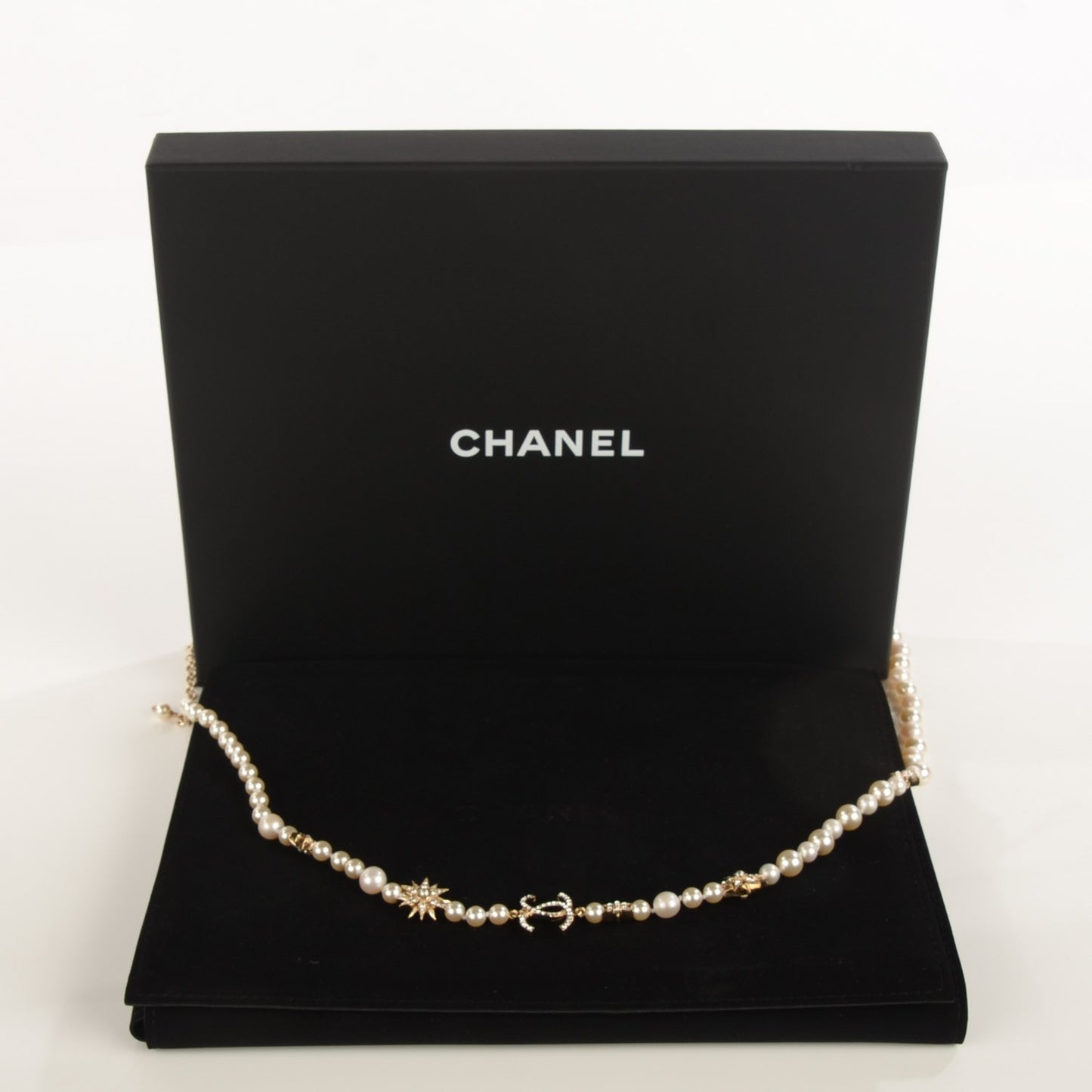 Pearl Crystal CC Star Long Necklace Gold