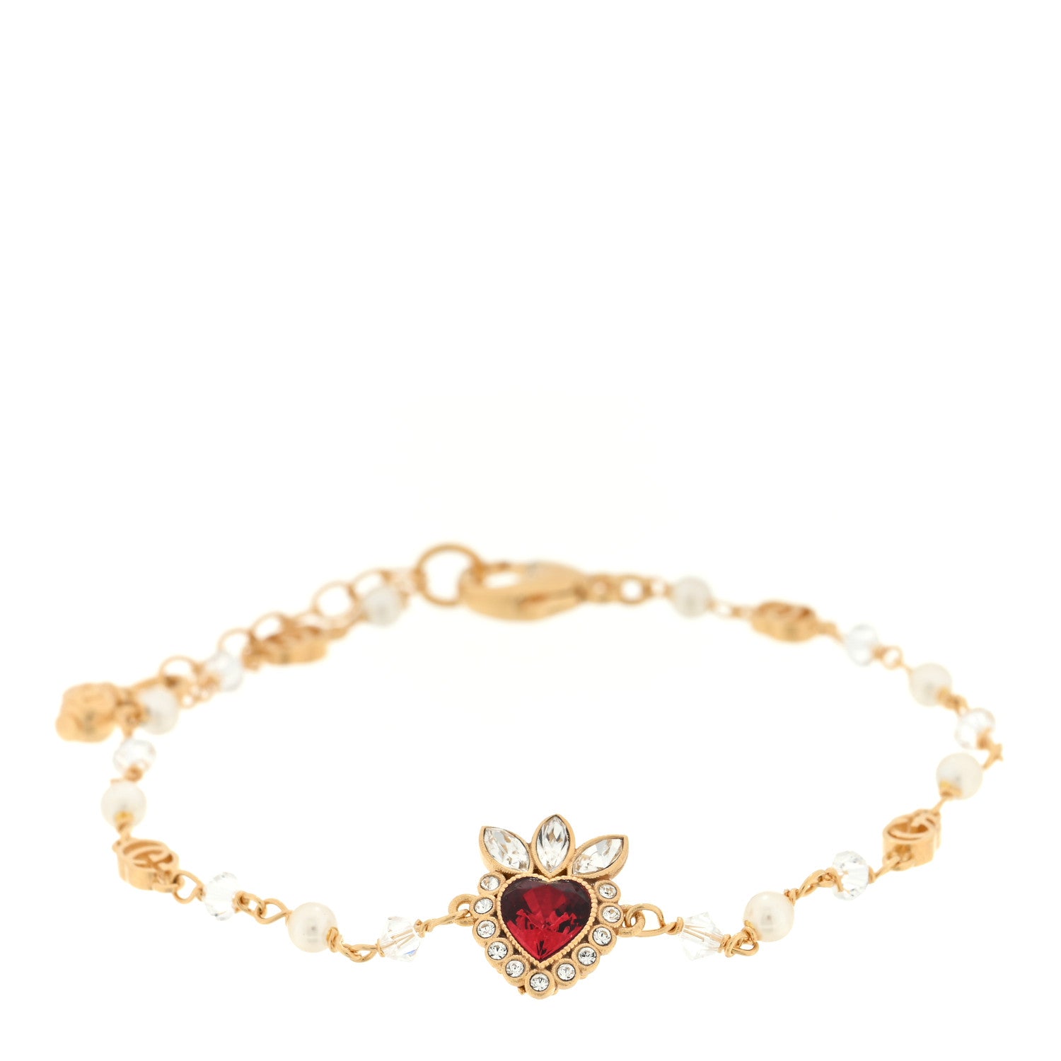 Gucci Crystal Pearl Interlocking G Heart Bracelet Gold Red 1 of 3