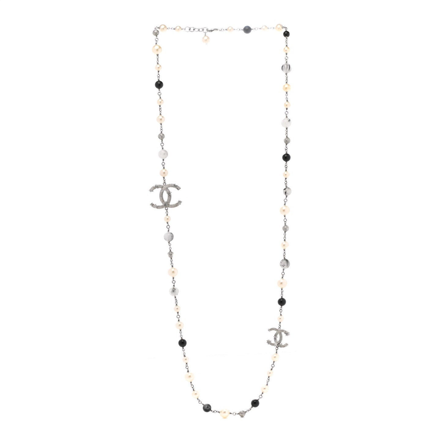 Pearl Beaded Star CC Long Necklace Silver