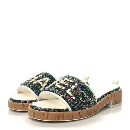 Chanel Tweed Cork Mule Sandal 37 White Multicolor 3 of 9