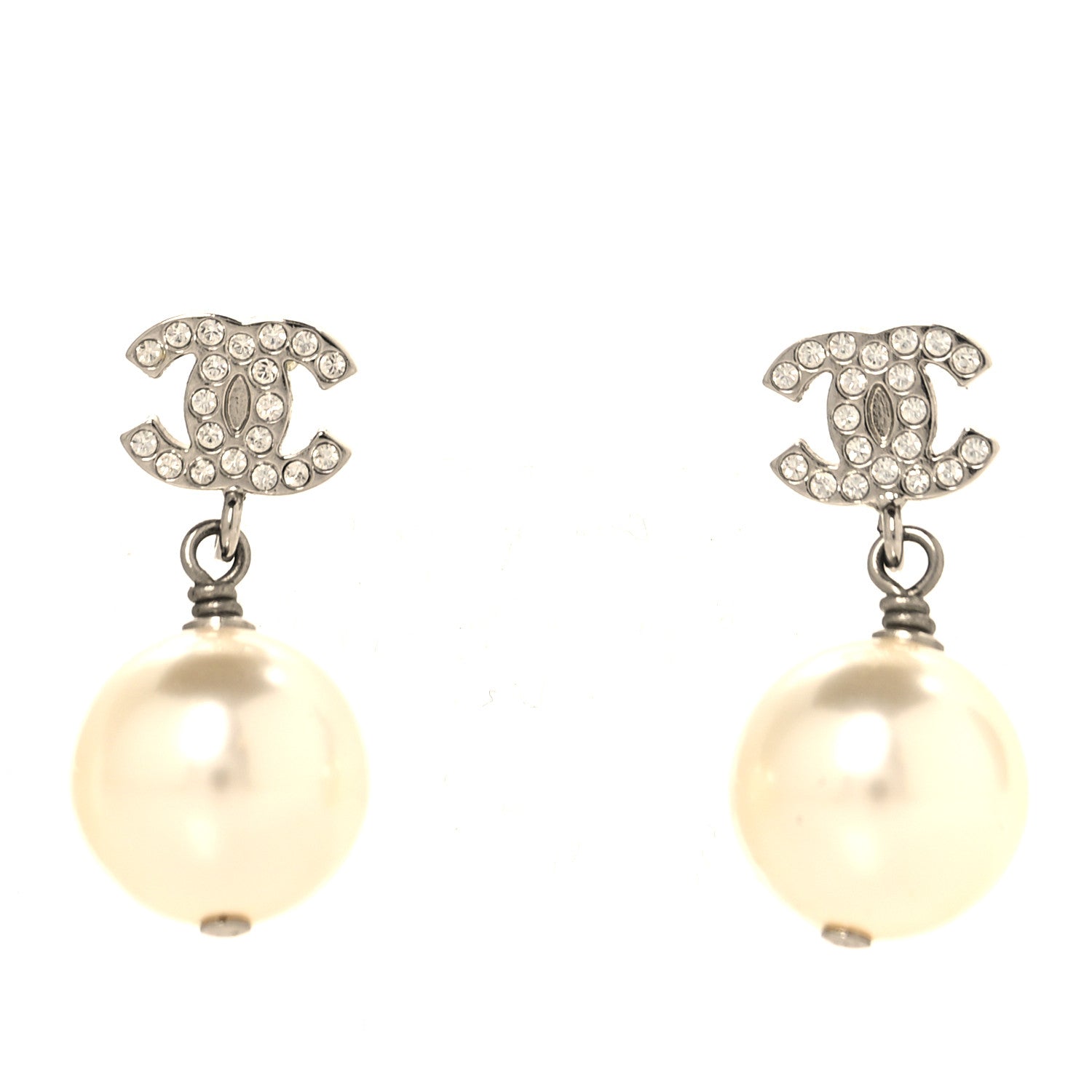 Chanel Crystal Pearl CC Drop Earrings Silver Pearly White 1 of 5