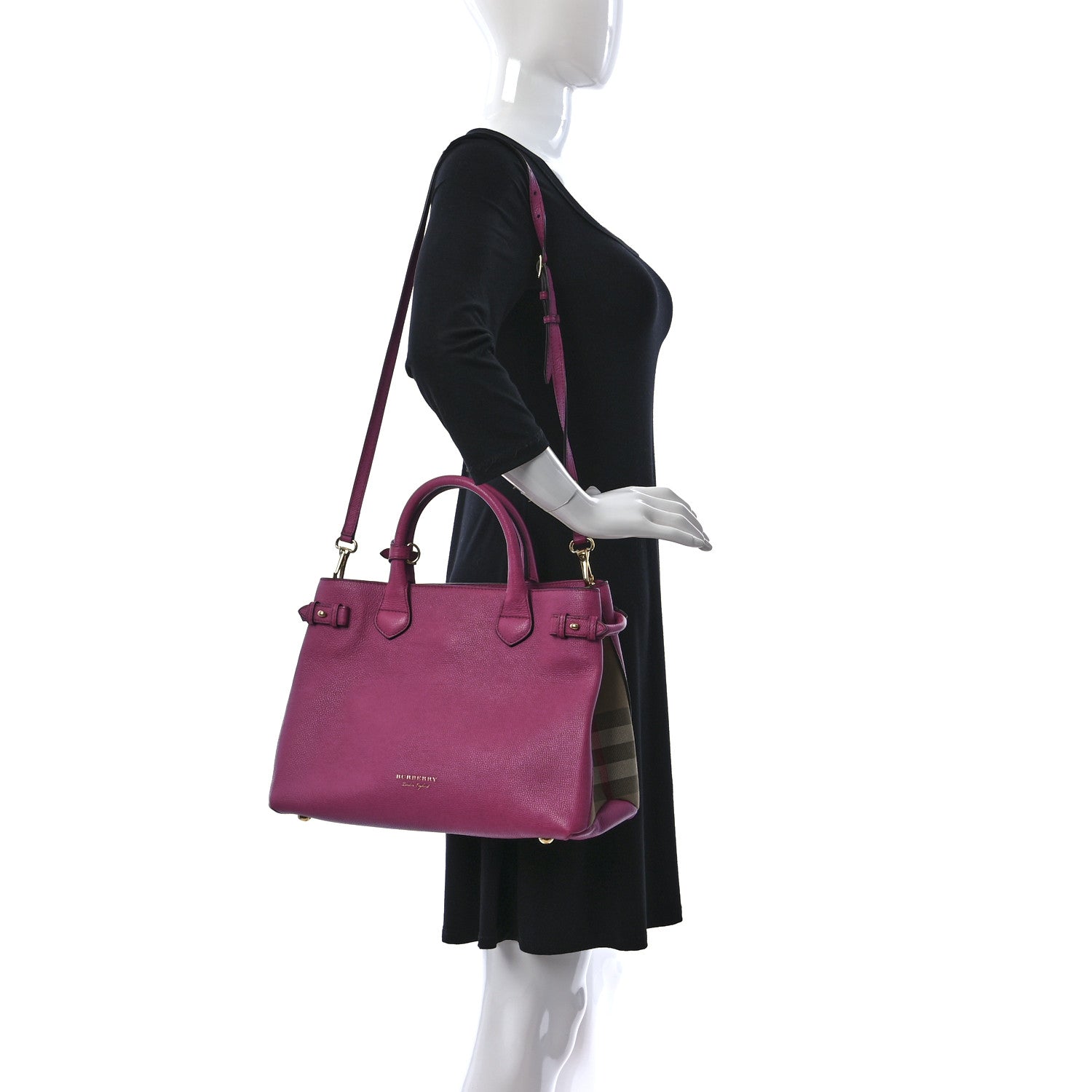 Burberry Grainy Calfskin House Check Medium Banner Tote Brilliant Fuchsia 2 of 15