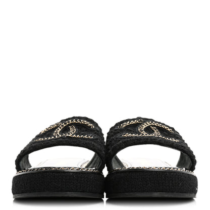 Chanel Wool Alpaca Chain CC Slide Sandals 37 Black 3 of 12