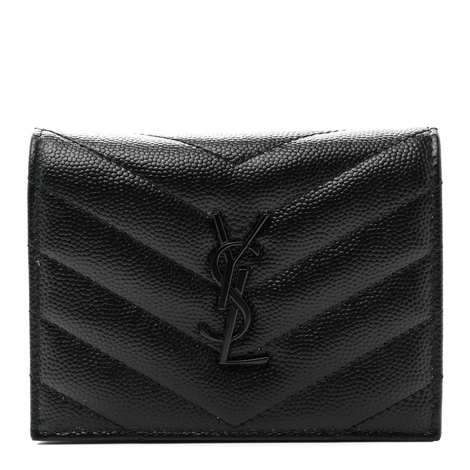 Saint Laurent Grain De Poudre Matelasse Chevron Monochrome Monogram Flap Card Case Black 1 of 10