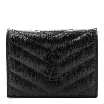 Saint Laurent Grain De Poudre Matelasse Chevron Monochrome Monogram Flap Card Case Black 1 of 10