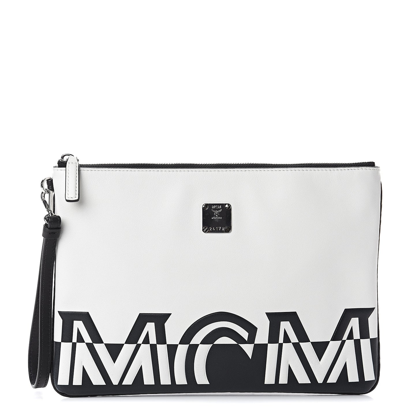 Calfskin Wristlet Logo Pouch Black White