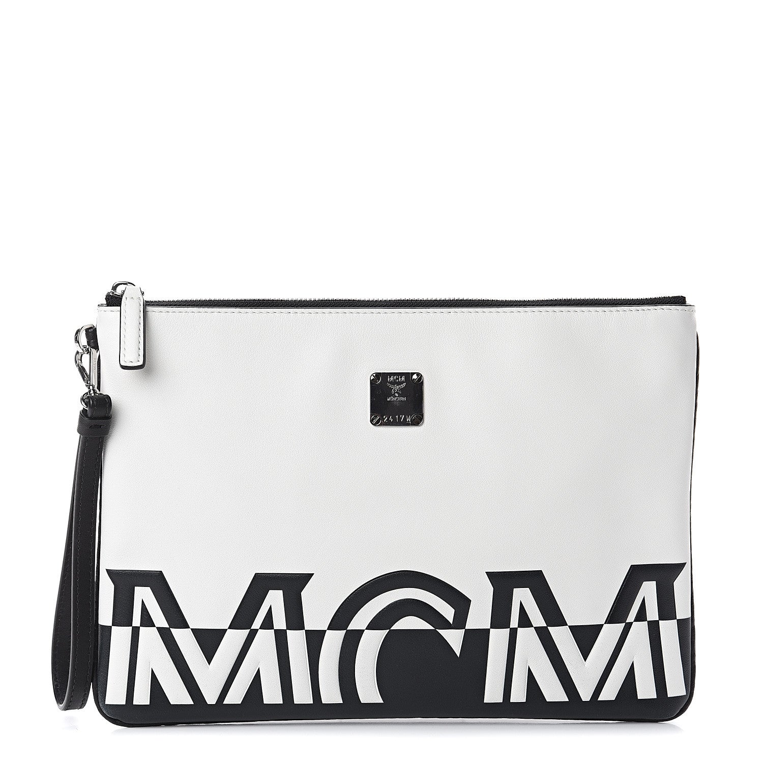 MCM Calfskin Wristlet Logo Pouch Black White 1 of 6