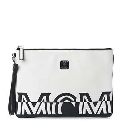 MCM Calfskin Wristlet Logo Pouch Black White 1 of 6