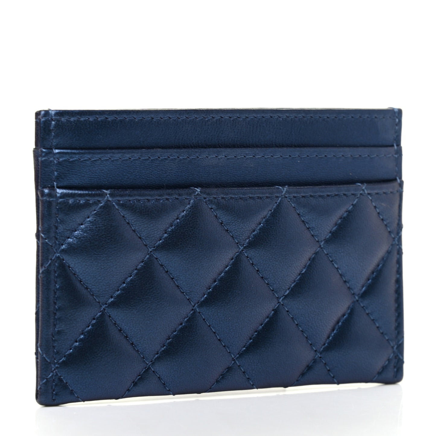 Metallic Lambskin Quilted Boy Card Holder Navy Blue