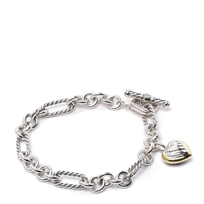 David Yurman Sterling Silver 18K Yellow Gold Cable Heart Charm Bracelet 1 of 5