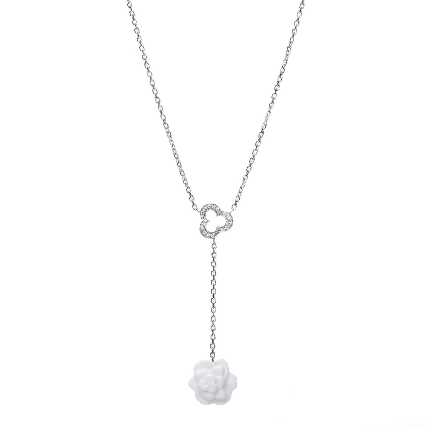 18K White Gold Diamond Agate Camelia Sculpte Pendant Necklace
