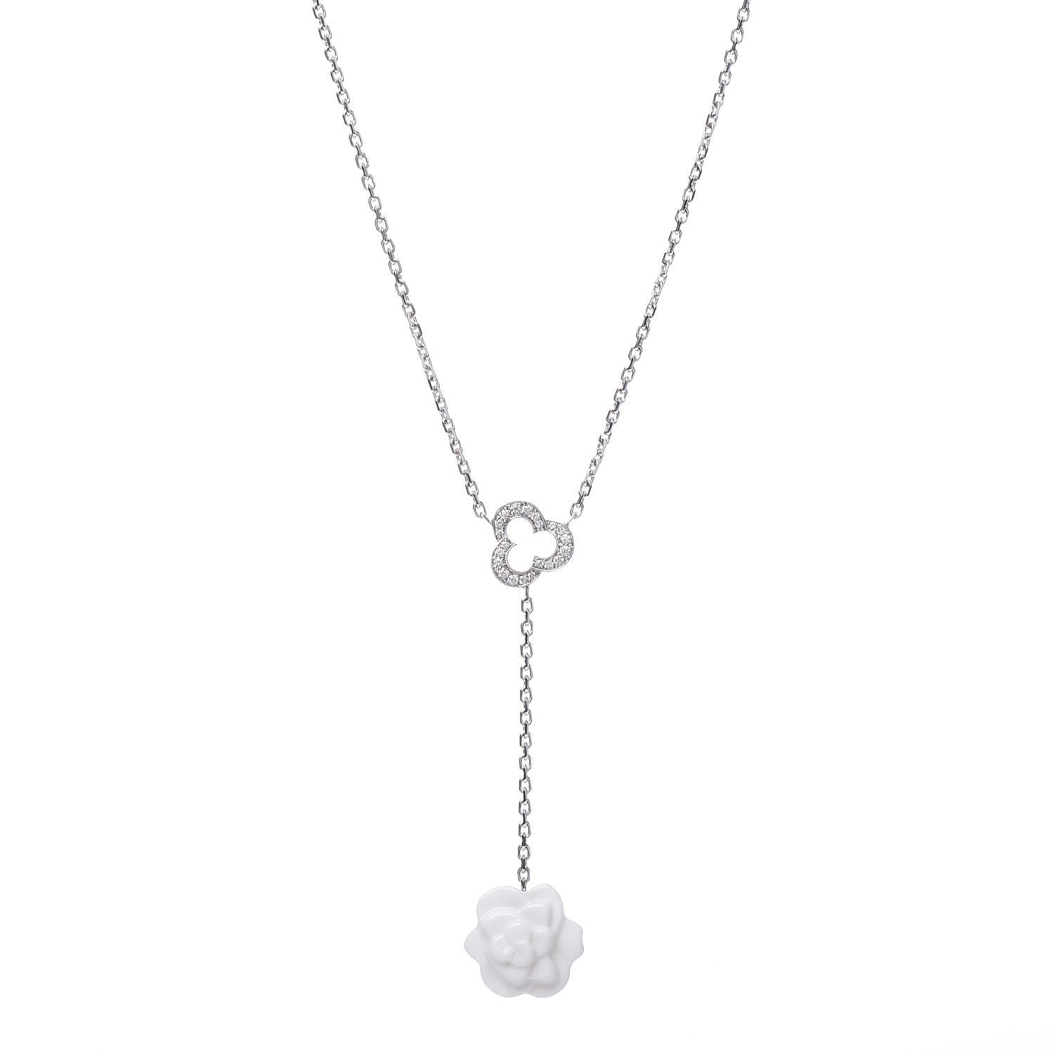 Chanel 18K White Gold Diamond Agate Camelia Sculpte Pendant Necklace 1 of 6