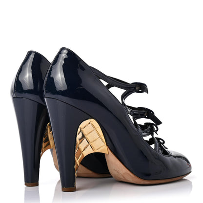 Chanel Patent Calfskin Quilted CC Strap Pumps 38.5 Navy Gold 3 of 4