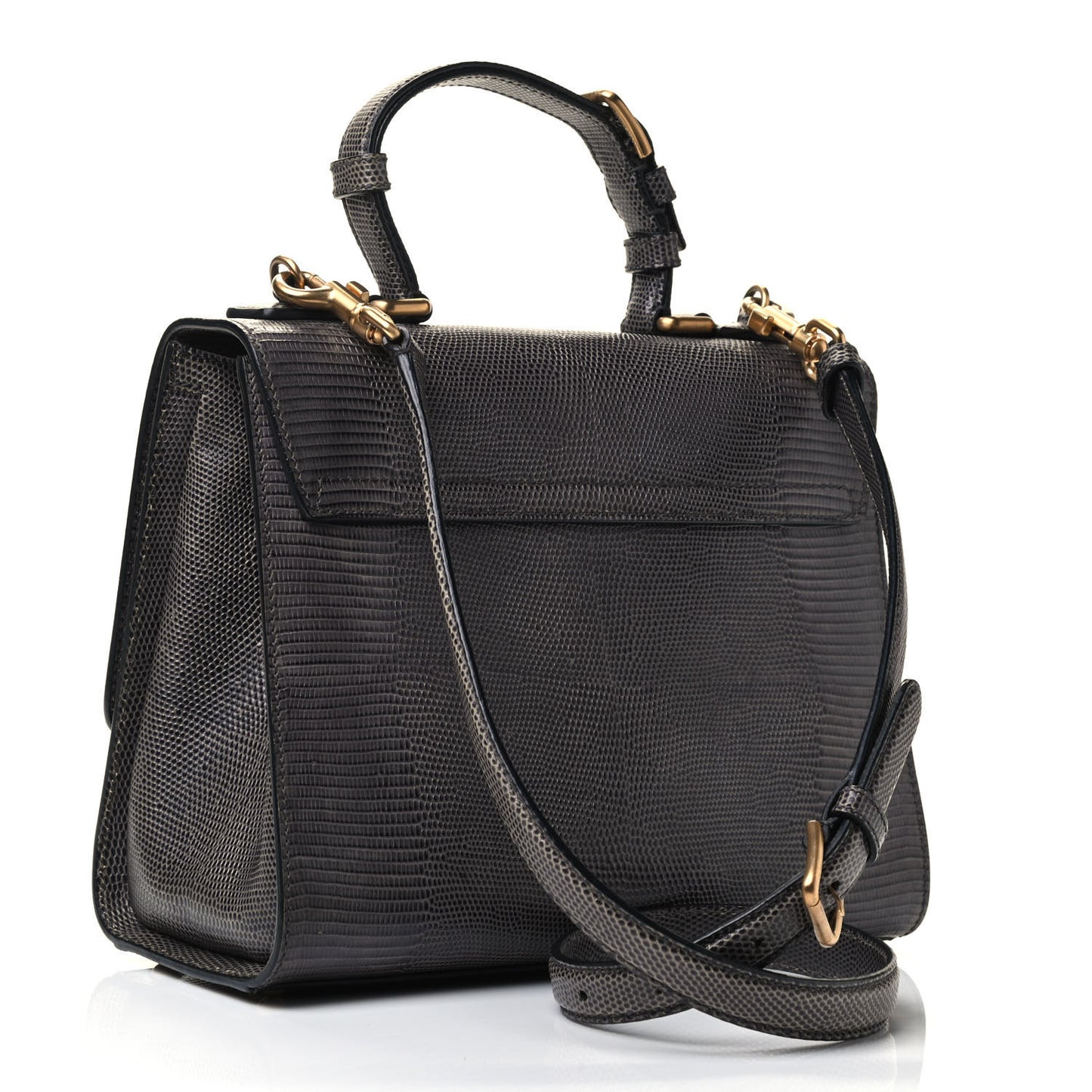 Lizard Calfskin Embossed Medium Monica Top Handle Bag Grey
